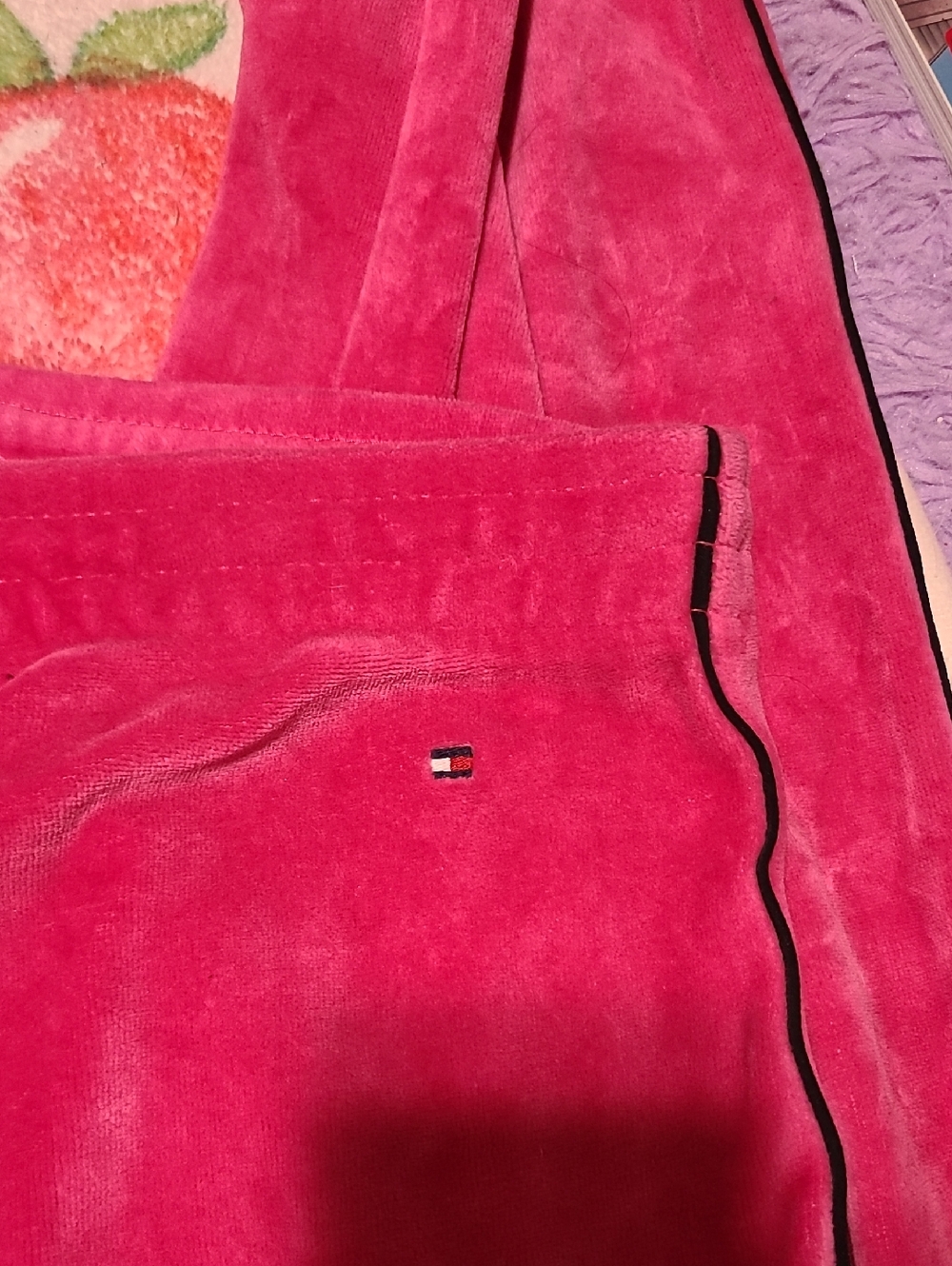 Vintage Tommy Hilfiger- Women's Pink Velour Pants with Black Side Stripe